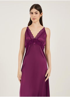 Styli Burgundy Sleeveless Satin Nightdress with Lace Detail  - Image 2