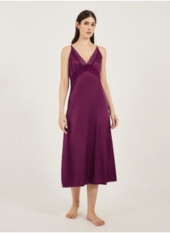 Styli Burgundy Sleeveless Satin Nightdress with Lace Detail  - Image 1