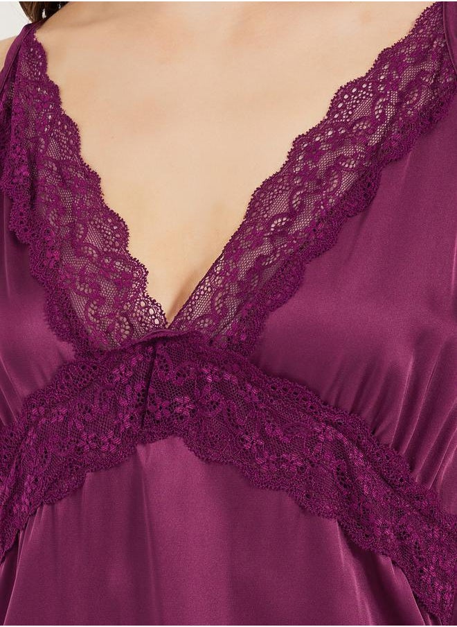 Styli Burgundy Sleeveless Satin Nightdress with Lace Detail  - Image 3