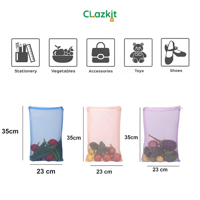 Clazkit Set Of 6 Reusable Fridge Storage Bags For Vegetables and Fruits Dual Layer Mesh Net Multipurpose MultiSize Kitchen Storage Bags Organizer with Sturdy Zipper - Image 3