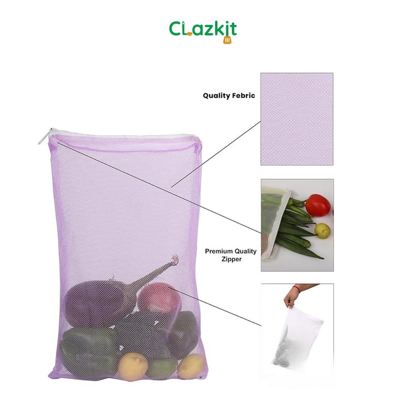 Clazkit Set Of 6 Reusable Fridge Storage Bags For Vegetables and Fruits Dual Layer Mesh Net Multipurpose MultiSize Kitchen Storage Bags Organizer with Sturdy Zipper - Image 2