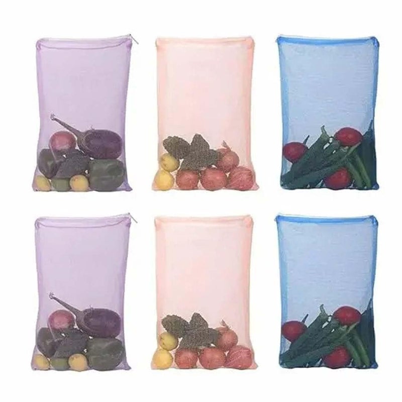 Clazkit Set Of 6 Reusable Fridge Storage Bags For Vegetables and Fruits Dual Layer Mesh Net Multipurpose MultiSize Kitchen Storage Bags Organizer with Sturdy Zipper - Image 1