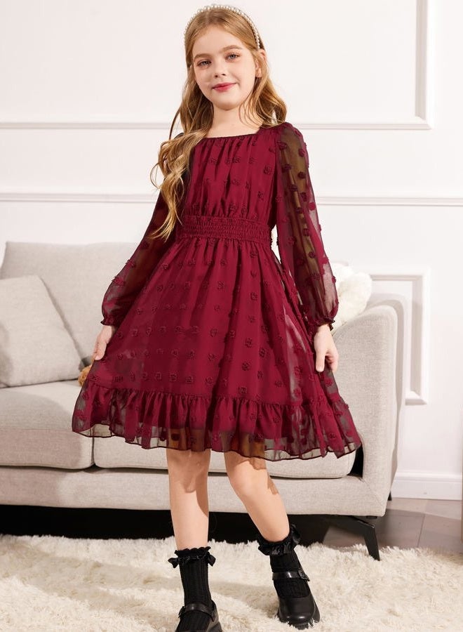 Arshiner Girl Solid Color Boho Dress Swiss Dot Long Sleeve Square Neck A Line Strech Dresses Loose Fit Wine Red 12-13Y, Wine Red, 12-13 Years - Image 4