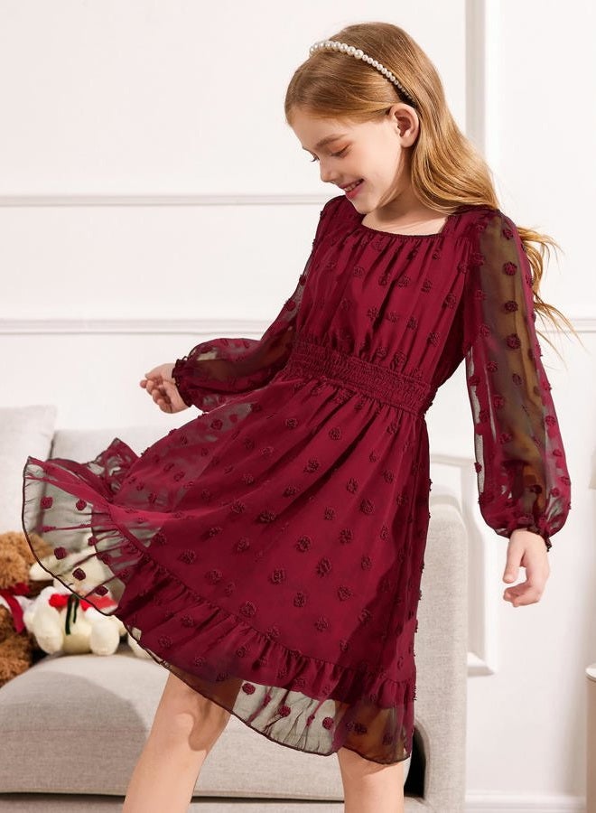 Arshiner Girl Solid Color Boho Dress Swiss Dot Long Sleeve Square Neck A Line Strech Dresses Loose Fit Wine Red 12-13Y, Wine Red, 12-13 Years - Image 2
