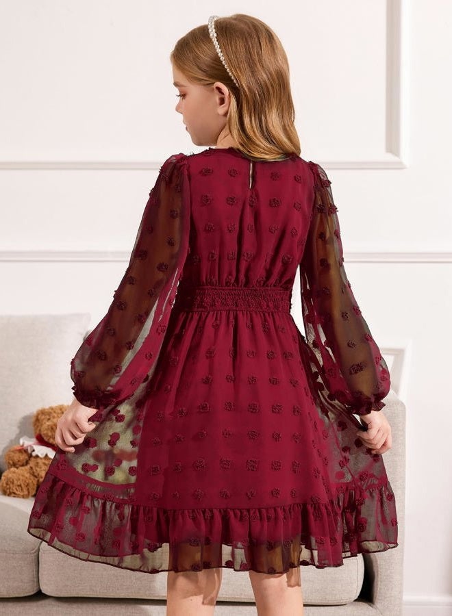 Arshiner Girl Solid Color Boho Dress Swiss Dot Long Sleeve Square Neck A Line Strech Dresses Loose Fit Wine Red 12-13Y, Wine Red, 12-13 Years - Image 3