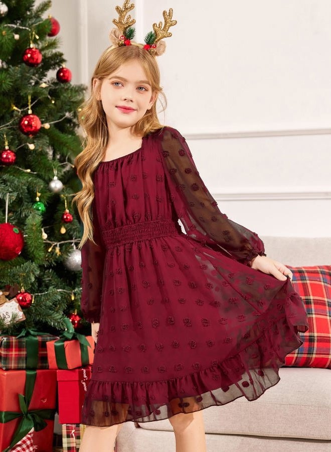 Arshiner Girl Solid Color Boho Dress Swiss Dot Long Sleeve Square Neck A Line Strech Dresses Loose Fit Wine Red 12-13Y, Wine Red, 12-13 Years - Image 5