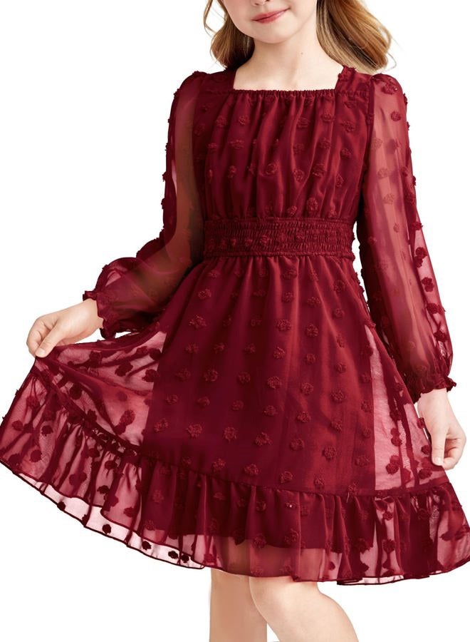 Arshiner Girl Solid Color Boho Dress Swiss Dot Long Sleeve Square Neck A Line Strech Dresses Loose Fit Wine Red 12-13Y, Wine Red, 12-13 Years - Image 1