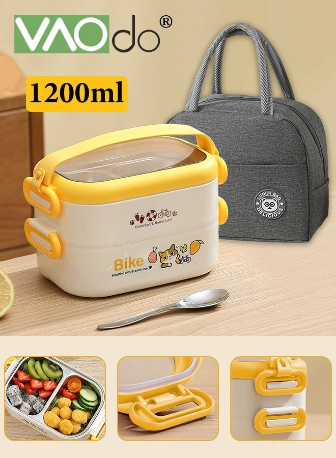 VAOdo 2PCS 1200ML Lunch Box with Lunch Bag, 304 Stainless Steel Bento Box, 2 Layers Stacked Leakproof, with Tableware Lunch Box, BPA Free Food Container with Cutlery Set Yellow 20.5*12.5*12.5CM - Image 1