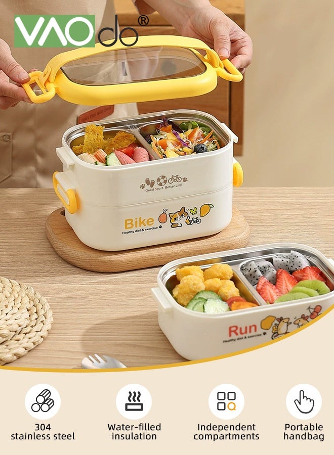 VAOdo 2PCS 1200ML Lunch Box with Lunch Bag, 304 Stainless Steel Bento Box, 2 Layers Stacked Leakproof, with Tableware Lunch Box, BPA Free Food Container with Cutlery Set Yellow 20.5*12.5*12.5CM - Image 2