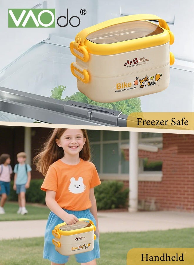 VAOdo 2PCS 1200ML Lunch Box with Lunch Bag, 304 Stainless Steel Bento Box, 2 Layers Stacked Leakproof, with Tableware Lunch Box, BPA Free Food Container with Cutlery Set Yellow 20.5*12.5*12.5CM - Image 4