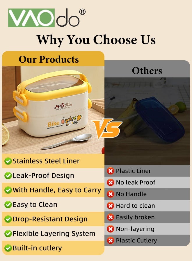 VAOdo 2PCS 1200ML Lunch Box with Lunch Bag, 304 Stainless Steel Bento Box, 2 Layers Stacked Leakproof, with Tableware Lunch Box, BPA Free Food Container with Cutlery Set Yellow 20.5*12.5*12.5CM - Image 5
