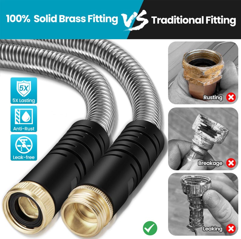 LINODI Metal Garden Hose, 100ft Stainless Steel Garden Hose â€“ 3/4" GHT Solid Brass Connectors â€“ Heavy Duty Flexible Metal Water Hose with 10-Way Spray Nozzle â€“ Kink-Free Watering Kit - Image 4