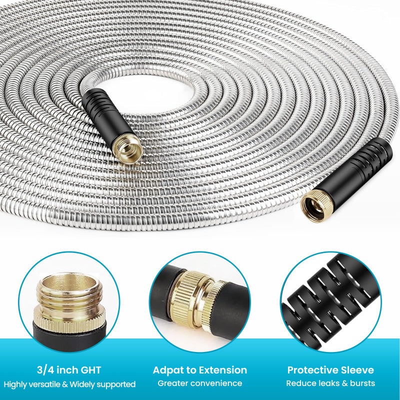 LINODI Metal Garden Hose, 100ft Stainless Steel Garden Hose â€“ 3/4" GHT Solid Brass Connectors â€“ Heavy Duty Flexible Metal Water Hose with 10-Way Spray Nozzle â€“ Kink-Free Watering Kit - Image 2