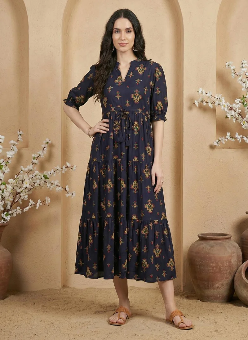globus Globus Women Navy Blue Tiered Midi Fusion Dress with Mandarin Collar Puff Sleeves and Tie-Up Detail