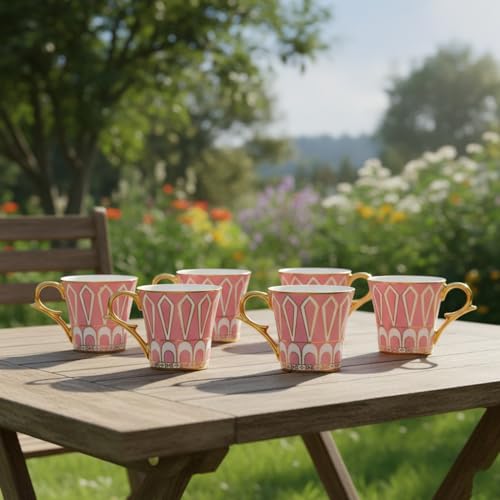 Femora Mandala Pattern with Golden Handle Golden Tea Mugs, Ceramic Tea Cups, Coffee Mugs (130 ml) - 6 Pcs Set (NOT Microwave Safe) - Image 1