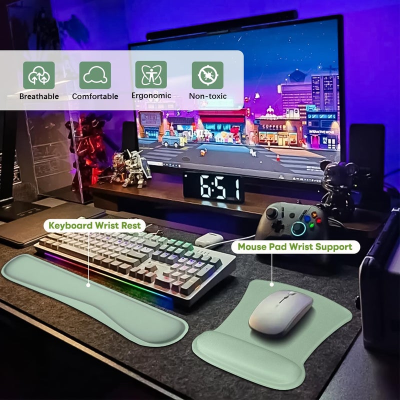 QINGLER Ergonomic Mouse Pad with Wrist Support, Comfortable Keyboard Wrist Rest, Memory Foam Keyboard Pad and Soft Gel Mouse Pad, Easy Typing and Pain Relief for Gaming, Office, Laptopï¼ŒGreen - Image 2