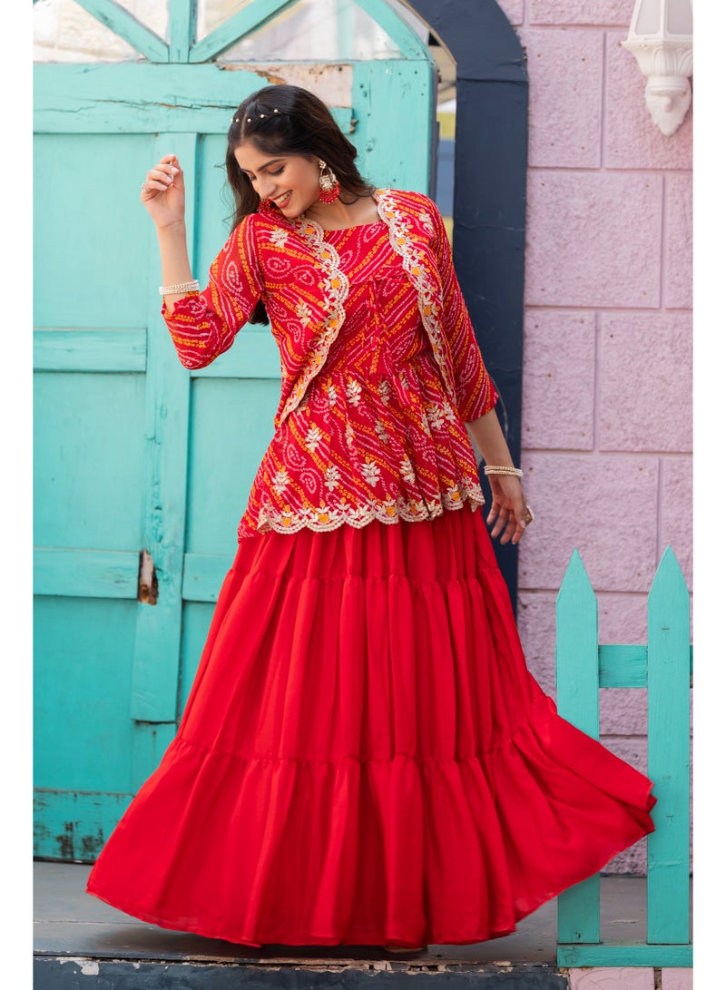 Super Asian "Bandhej Embroidered Crop Top, Lehenga & Jacket Set – Traditional Elegance Collection"  - Image 1