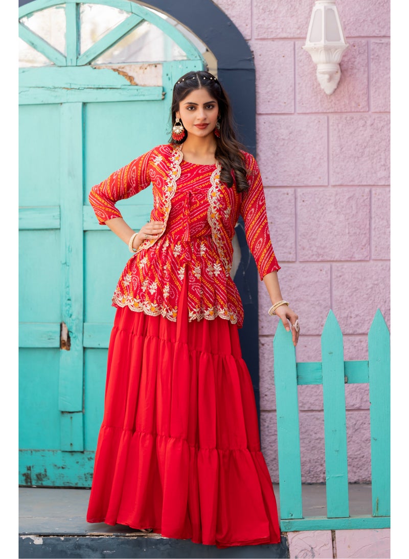 Super Asian "Bandhej Embroidered Crop Top, Lehenga & Jacket Set – Traditional Elegance Collection"  - Image 2