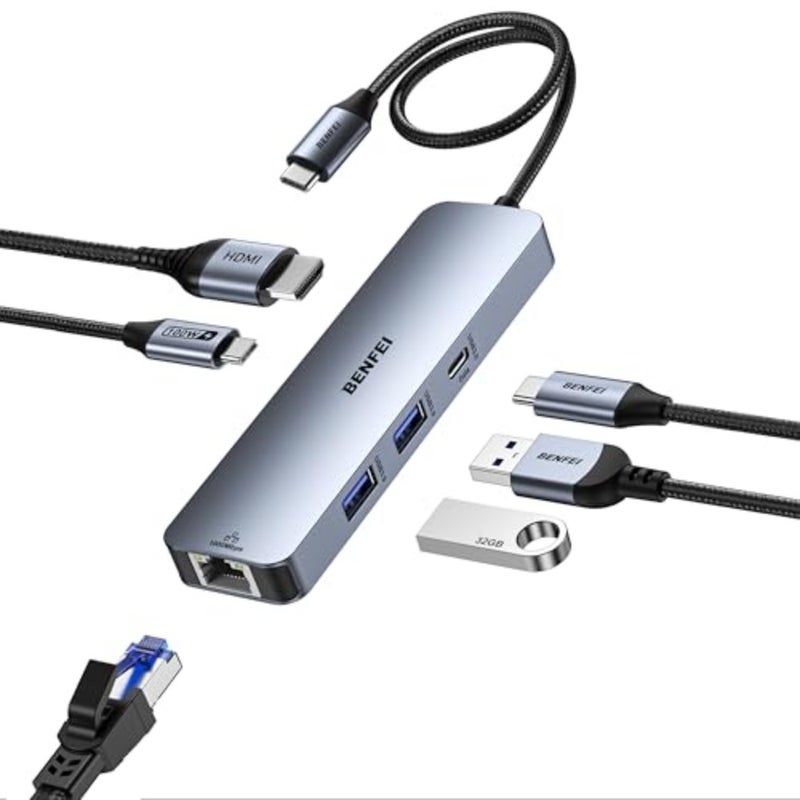 BENFEI 6-in-1 USB C Hub with HDMI 4K@60Hz,2 USB-A, 1 USB-C Data, 100W Charge, Gigabit Ethernet, Silicone Tangle-Free Cable Compatible with MacBook Pro/Air, iPad Pro, iMac, iPhone 15 Pro/Pro Max - Image 1