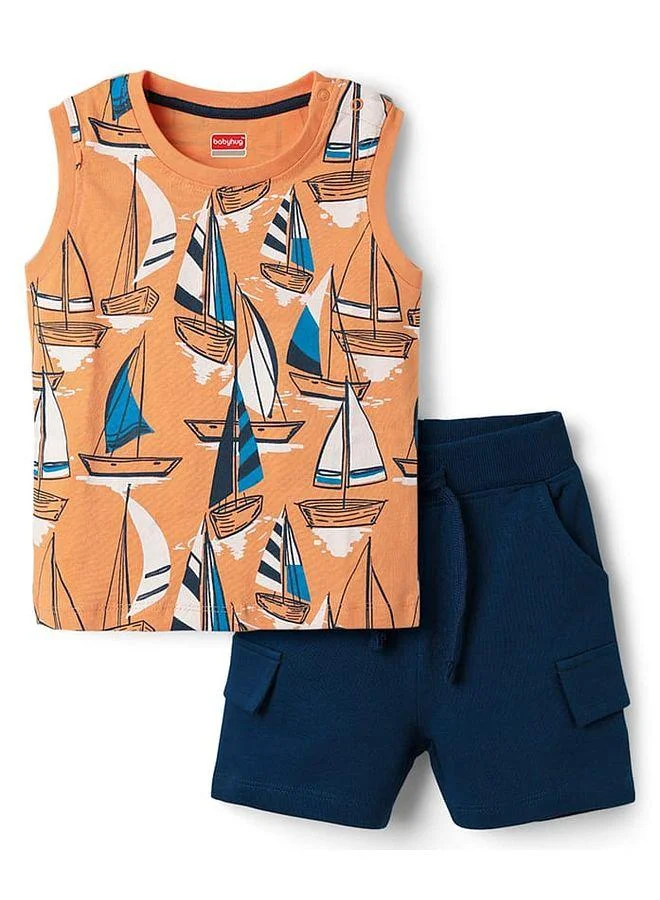 Babyhug Babyhug Single Jersey Knit Sleeveless Tank T-Shirt & Shorts Set with Nautical Print Theme - Orange & Navy Blue
