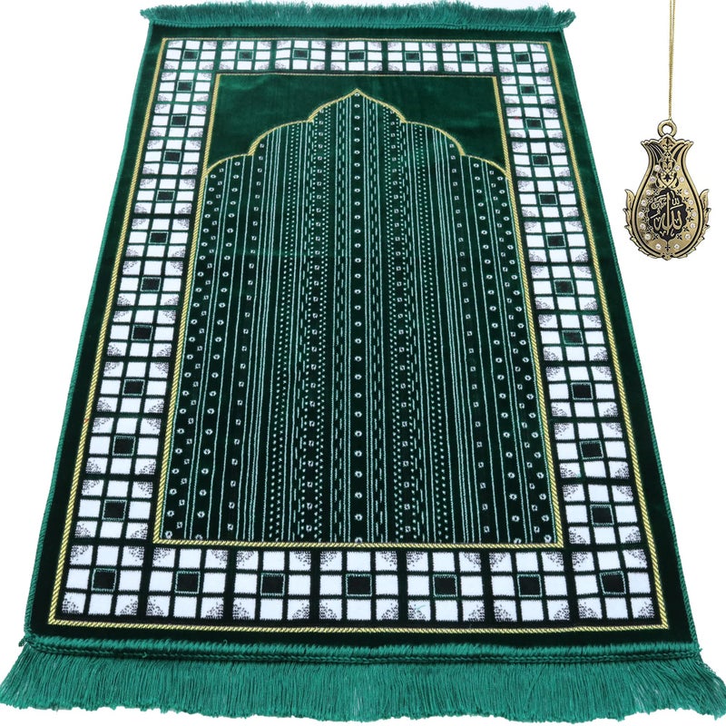 Modefa Turkish Islamic Prayer Rug  Thin  Lightweight Velvet Praying Carpet  Soft Muslim Praying Mat Janamaz  Ramadan or Eid Gift for Men  Women  with Car Hanger  Vined Arch Green