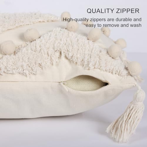 RinRinfam Boho Tufted Lumbar Throw Pillow Cover 12x 20 with Tassels, Pompom Diamond Farmhouse Neutral Pillow Cushion Cases, Decorative Pillows for Bed, Outdoor Couch Bedroom Car Cream - Image 4