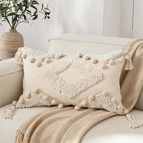 RinRinfam Boho Tufted Lumbar Throw Pillow Cover 12x 20 with Tassels, Pompom Diamond Farmhouse Neutral Pillow Cushion Cases, Decorative Pillows for Bed, Outdoor Couch Bedroom Car Cream - Image 1