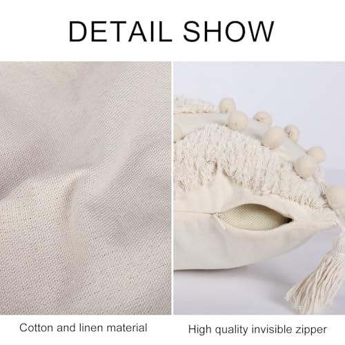 RinRinfam Boho Tufted Lumbar Throw Pillow Cover 12x 20 with Tassels, Pompom Diamond Farmhouse Neutral Pillow Cushion Cases, Decorative Pillows for Bed, Outdoor Couch Bedroom Car Cream - Image 3