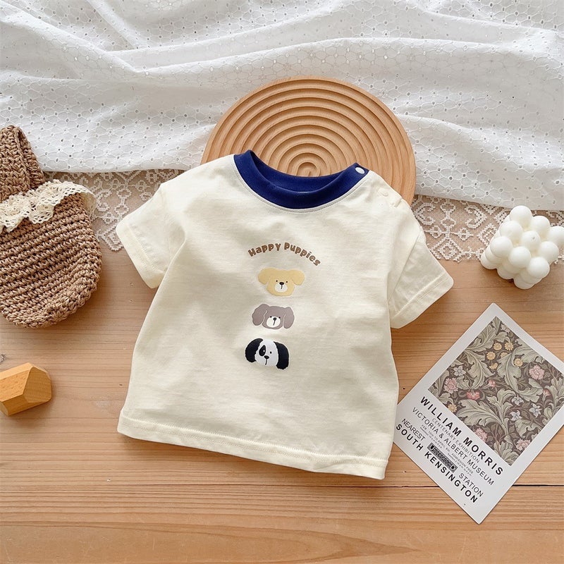 Korean Style Baby Clothes 2024 Summer New 1-3 Years Old Baby Boy Cotton Two-Piece Thin Class A Outfit n beige blue collar short sleeve shirt]