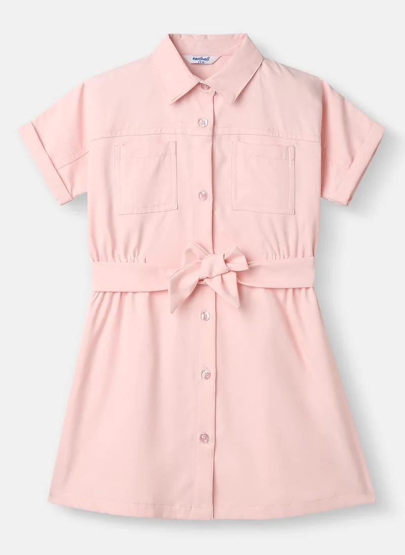 Nautinati Girls’ Solid Shirt Collar Dress |Kimono Sleeves | Comes with Belt | 2-10 Years