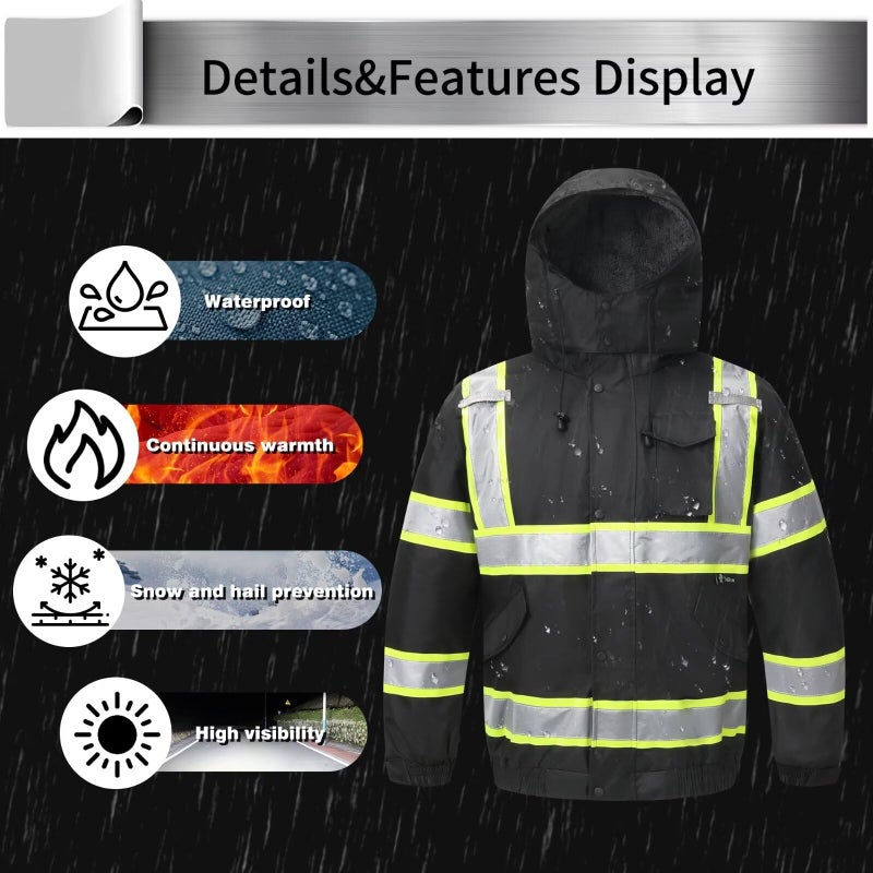 TOKISHI High Visibility Hoodie For Men Reflective Safety Jacket Snowproof And Warm Raincoat With Zipper Men'S/Women'S Construction Work Safety Insulated Parka Black XL - Image 4