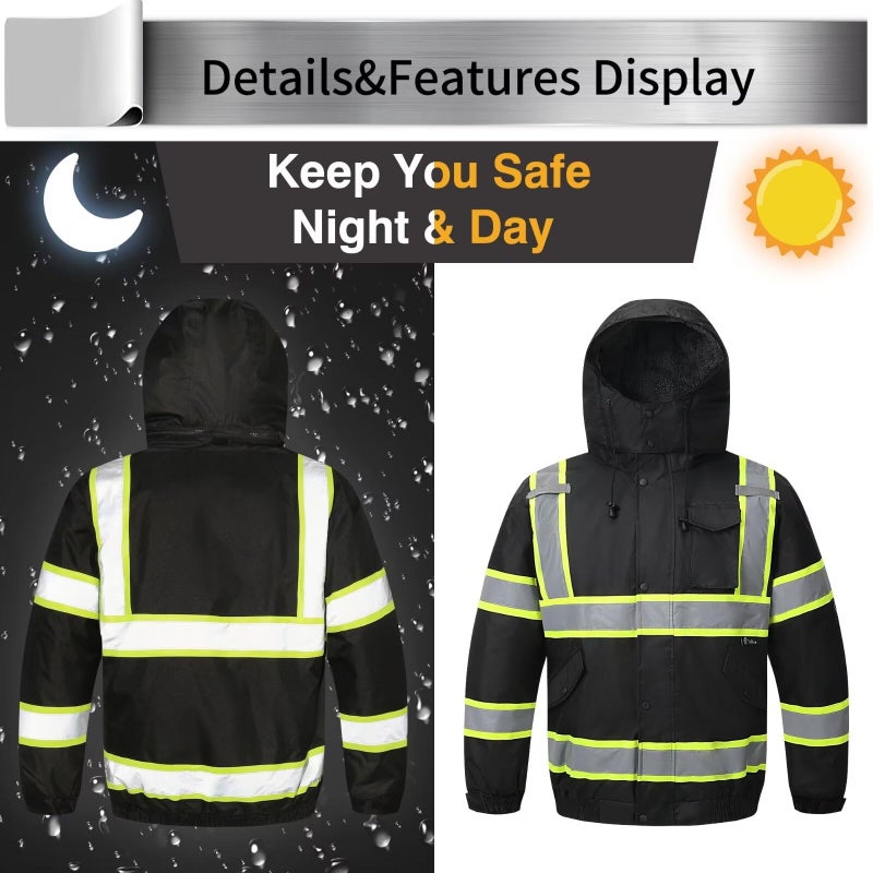 TOKISHI High Visibility Hoodie For Men Reflective Safety Jacket Snowproof And Warm Raincoat With Zipper Men'S/Women'S Construction Work Safety Insulated Parka Black XL - Image 5