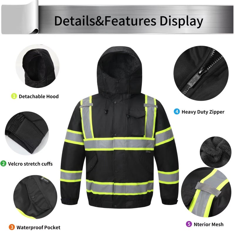 TOKISHI High Visibility Hoodie For Men Reflective Safety Jacket Snowproof And Warm Raincoat With Zipper Men'S/Women'S Construction Work Safety Insulated Parka Black XL - Image 3