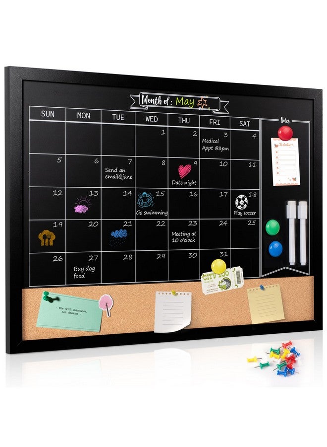 Board2by Board2by Monthly Chalkboard Calendar & Cork Board for Wall, 18" x 24" Magnetic Chalk Calendar Board Combo Board, Hanging Wood Frame Combination Board Blackboard with Pens for Office, School, Home - Image 1