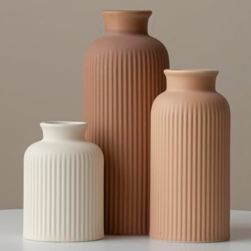 vaurcesa Large Modern Ceramic Vase Set, Coffee Ribbed Matte Design, 3-Piece Decorative Vases for Home, Living Room, Office (XL Coffee Mix) - Image 1
