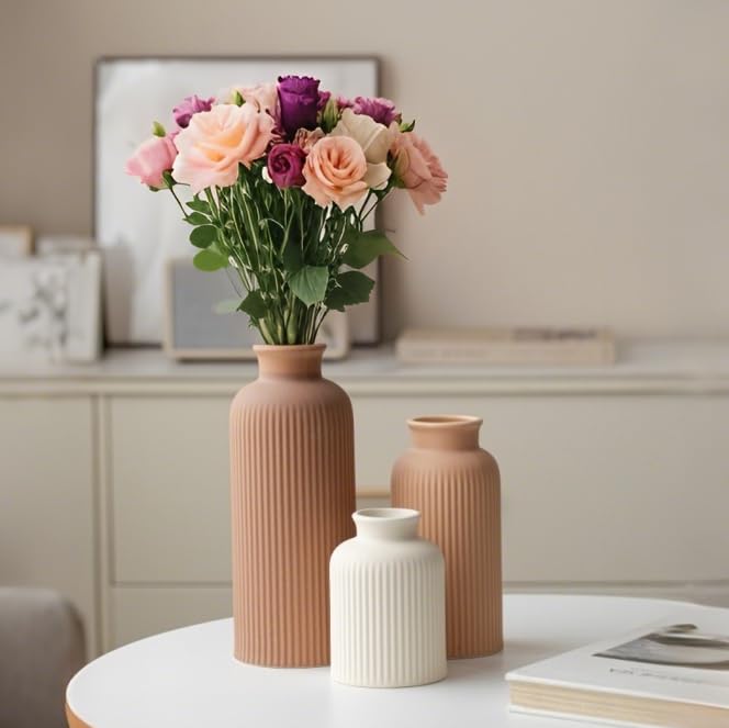 vaurcesa Large Modern Ceramic Vase Set, Coffee Ribbed Matte Design, 3-Piece Decorative Vases for Home, Living Room, Office (XL Coffee Mix) - Image 4