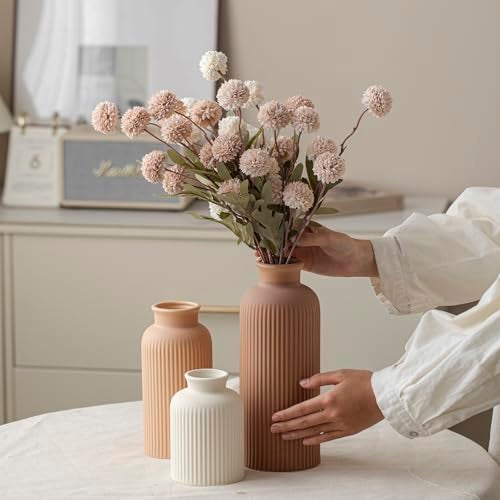 vaurcesa Large Modern Ceramic Vase Set, Coffee Ribbed Matte Design, 3-Piece Decorative Vases for Home, Living Room, Office (XL Coffee Mix) - Image 2