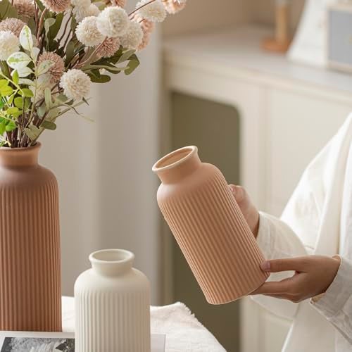 vaurcesa Large Modern Ceramic Vase Set, Coffee Ribbed Matte Design, 3-Piece Decorative Vases for Home, Living Room, Office (XL Coffee Mix) - Image 3