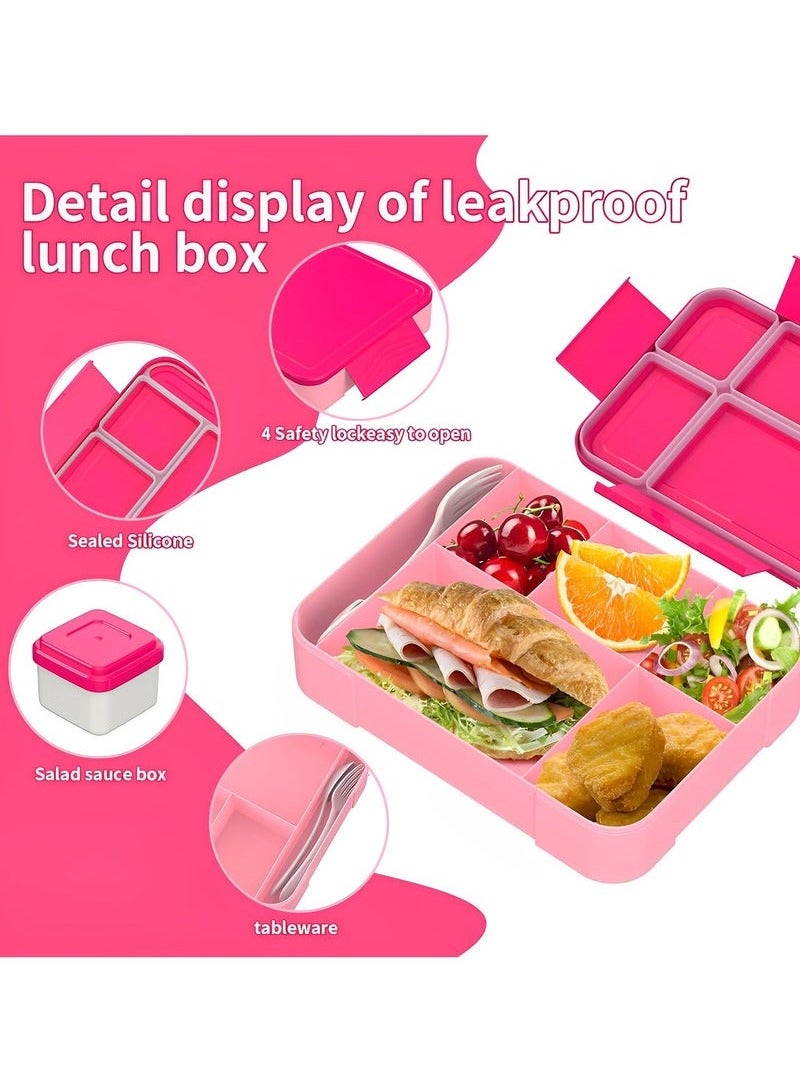 صندوق بينتو، صندوق غداء للأطفال ، صندوق غداء بينتو للأطفال والكبارمع ملعقة وشوكة، آمن غذائيًا ومضاد للتسرب 5 أقسام وحاوية واحدة لصلصة السلطة، 1330 مل (وردي) - Image 3