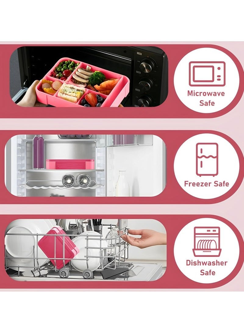 صندوق بينتو، صندوق غداء للأطفال ، صندوق غداء بينتو للأطفال والكبارمع ملعقة وشوكة، آمن غذائيًا ومضاد للتسرب 5 أقسام وحاوية واحدة لصلصة السلطة، 1330 مل (وردي) - Image 5