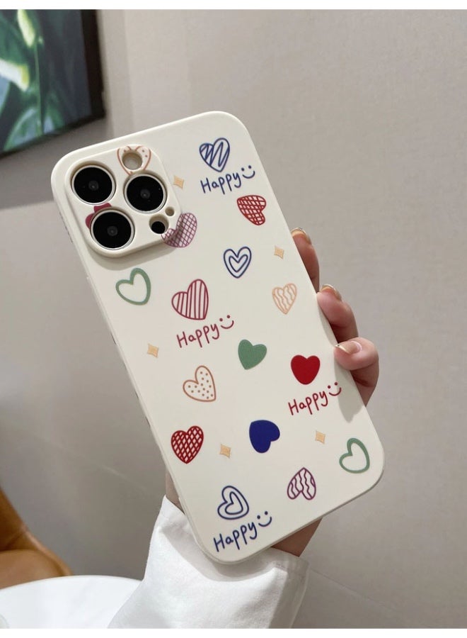 Protective case for iPhone 15 Pro Max, shockproof and scratch-resistant, unique and cute beige back cover with colorful heart prints and the word "Happy". - Image 2