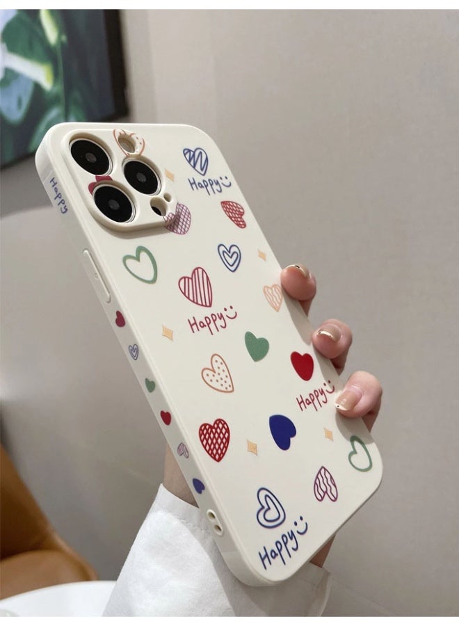 Protective case for iPhone 15 Pro Max, shockproof and scratch-resistant, unique and cute beige back cover with colorful heart prints and the word "Happy". - Image 1