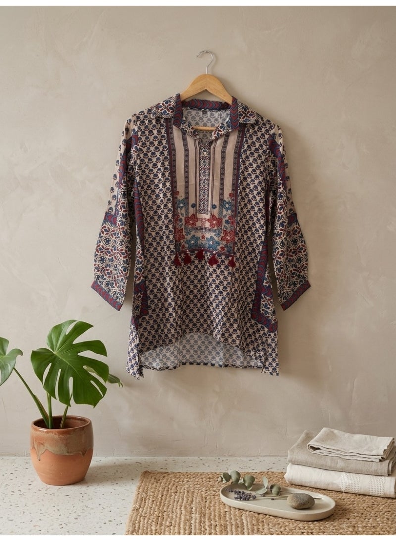 بلوزة طويلة بياقة وطبعة "أجراخ - Image 1