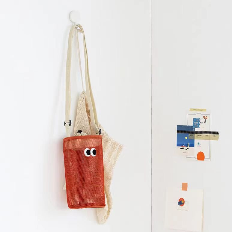 Water Cup Bag Cute Big Eyes Drawstring Bevel Water Cup Bottle Storage Bag Womens Single Shoulder Crossbody Mesh Hollow Small Bag Orange red 1810# 