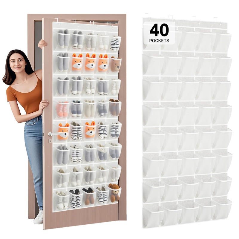 Hualleko 40-Pocket Over the Door Shoe Organizer - Large Mesh Pocket Hanging Shoe Rack for Door, Shoes Storage Holder Sturdy Non-woven Fabric - Stores 20 Pairs (White02) - Image 1