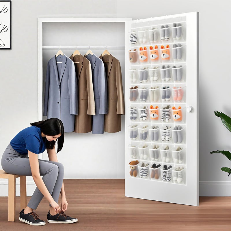 Hualleko 40-Pocket Over the Door Shoe Organizer - Large Mesh Pocket Hanging Shoe Rack for Door, Shoes Storage Holder Sturdy Non-woven Fabric - Stores 20 Pairs (White02) - Image 3