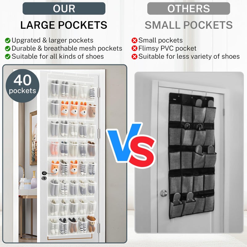Hualleko 40-Pocket Over the Door Shoe Organizer - Large Mesh Pocket Hanging Shoe Rack for Door, Shoes Storage Holder Sturdy Non-woven Fabric - Stores 20 Pairs (White02) - Image 2