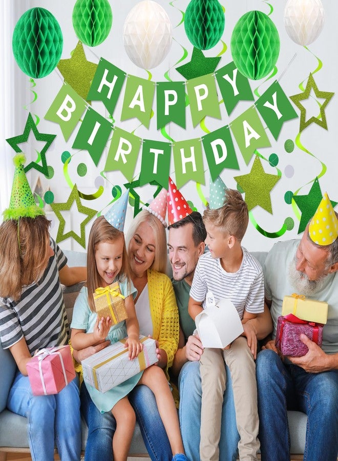زينة عيد ميلاد رائعة، لافتة عيد ميلاد سعيد مع كرات على شكل خلية نحل، ونجوم معلقة، وشرائط حلزونية، وإكليل من النقاط الدائرية، زينة حفلات عيد ميلاد سعيد للنساء والرجال والأولاد والبنات (أخضر) - Image 3