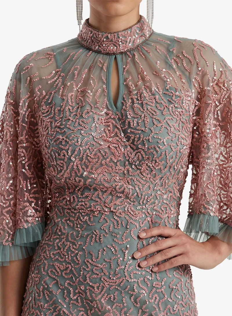 Frock And Frill  Embellished Bell Sleeve Maxi Dress for Women | Best Price UAE