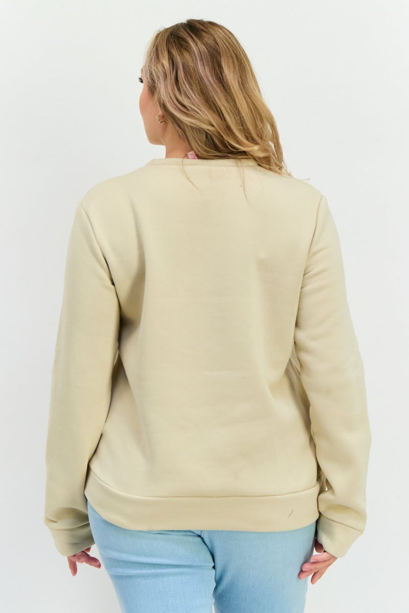 Buzz سويت شيرت نسائي بأكمام طويلة وياقة دائرية، بيج - Image 3